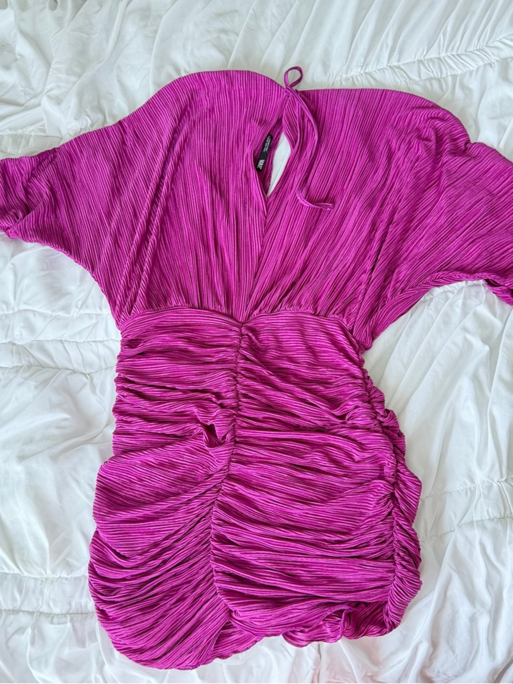 Zara Fuchsia Ruched V-Neck Mini Dress - Picture 6 of 7